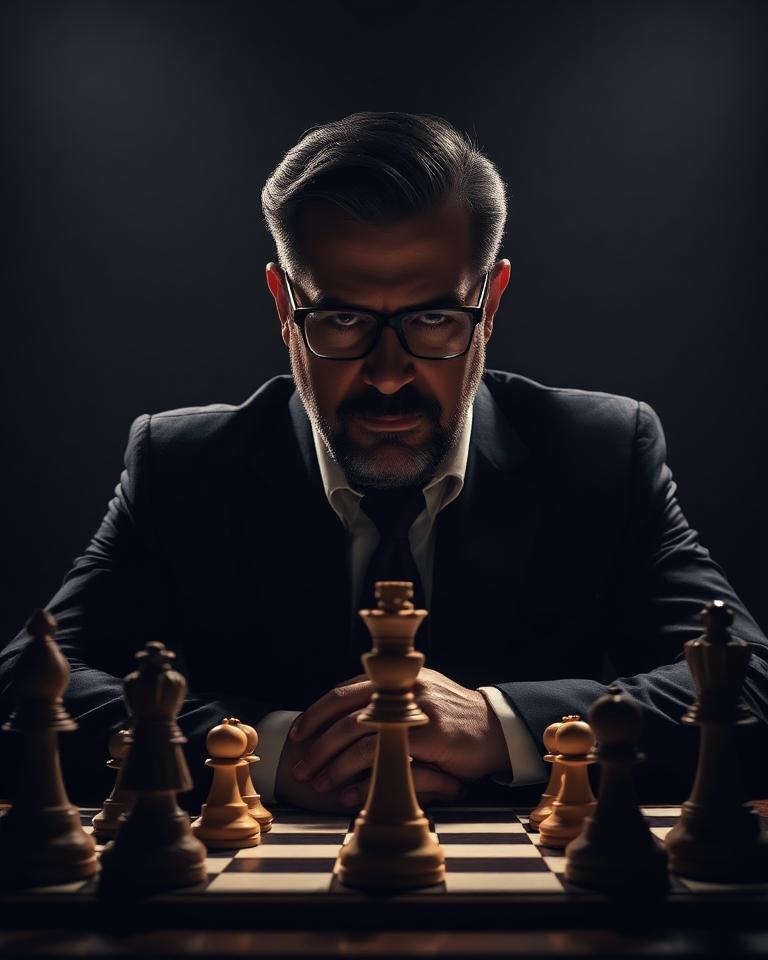 Portrait of Étienne Verrier studying a chess board