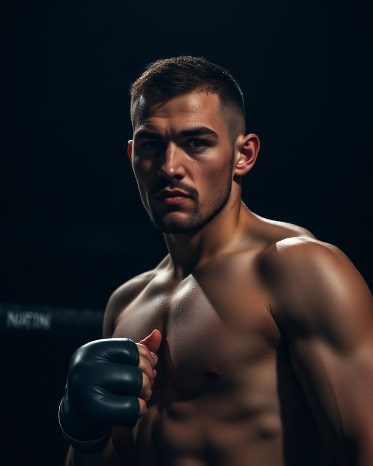 Portrait of Ilia Topuria in a darkened arena